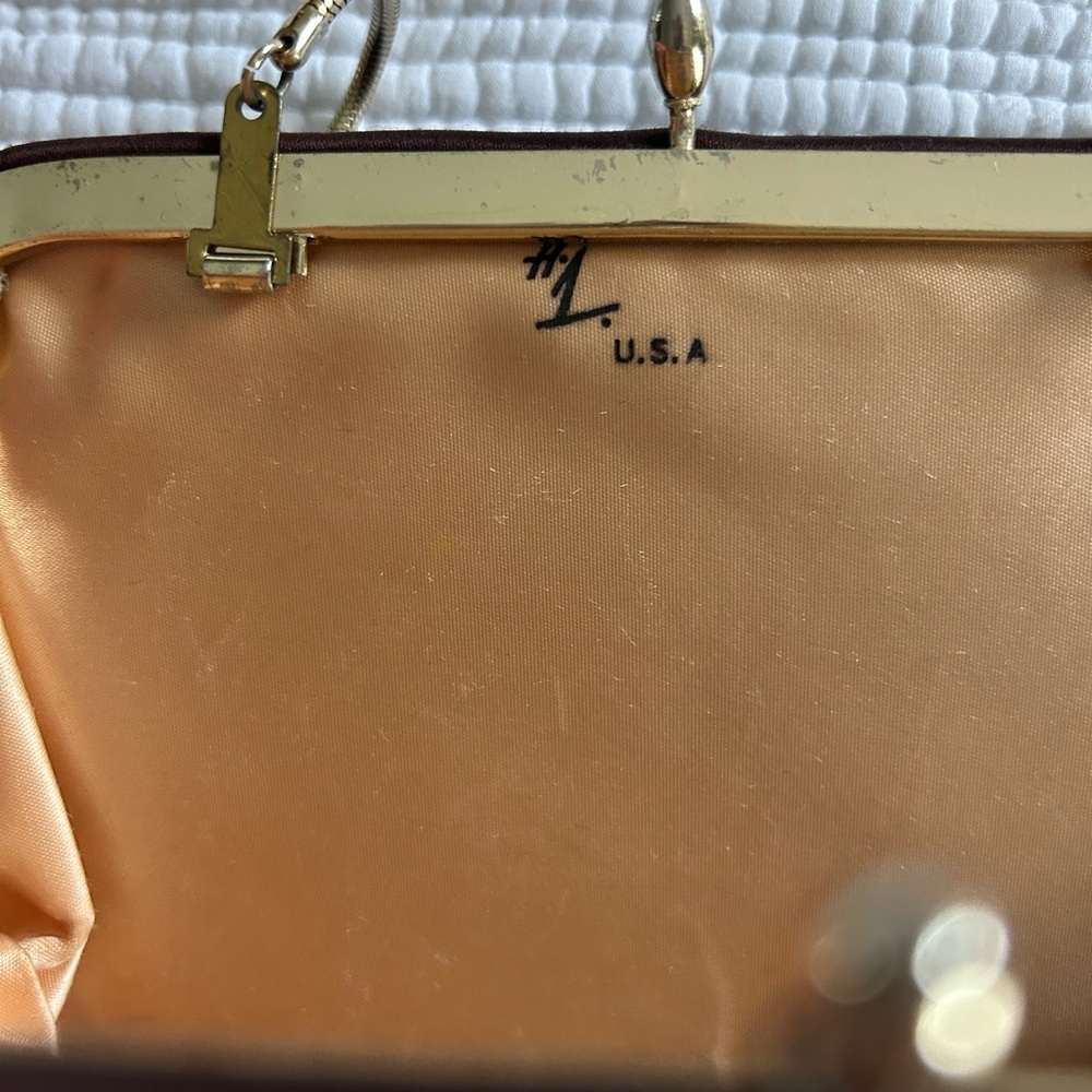 Burgundy/Brown Vintage Satin Clutch Purse with Gold Chain Detail & Coin Pouch - Picture 4 of 12